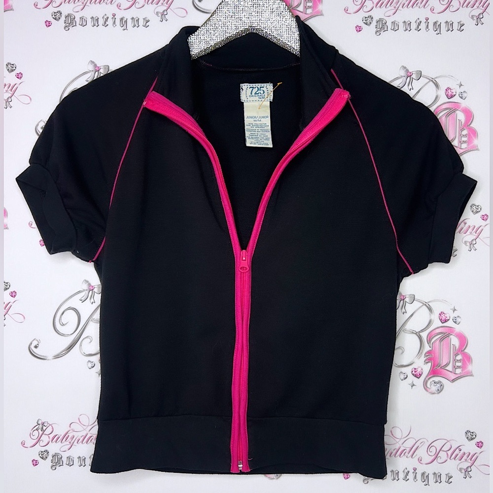 725 originals sweater tshirt zip up black pink y2k striped trim work out yoga